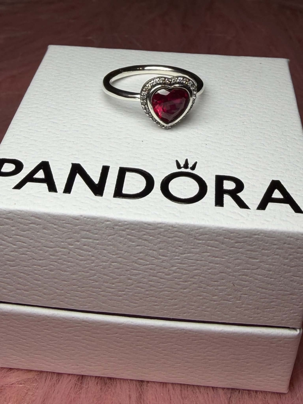 Pandora Silver Ring with Pink-Red Heart Stone